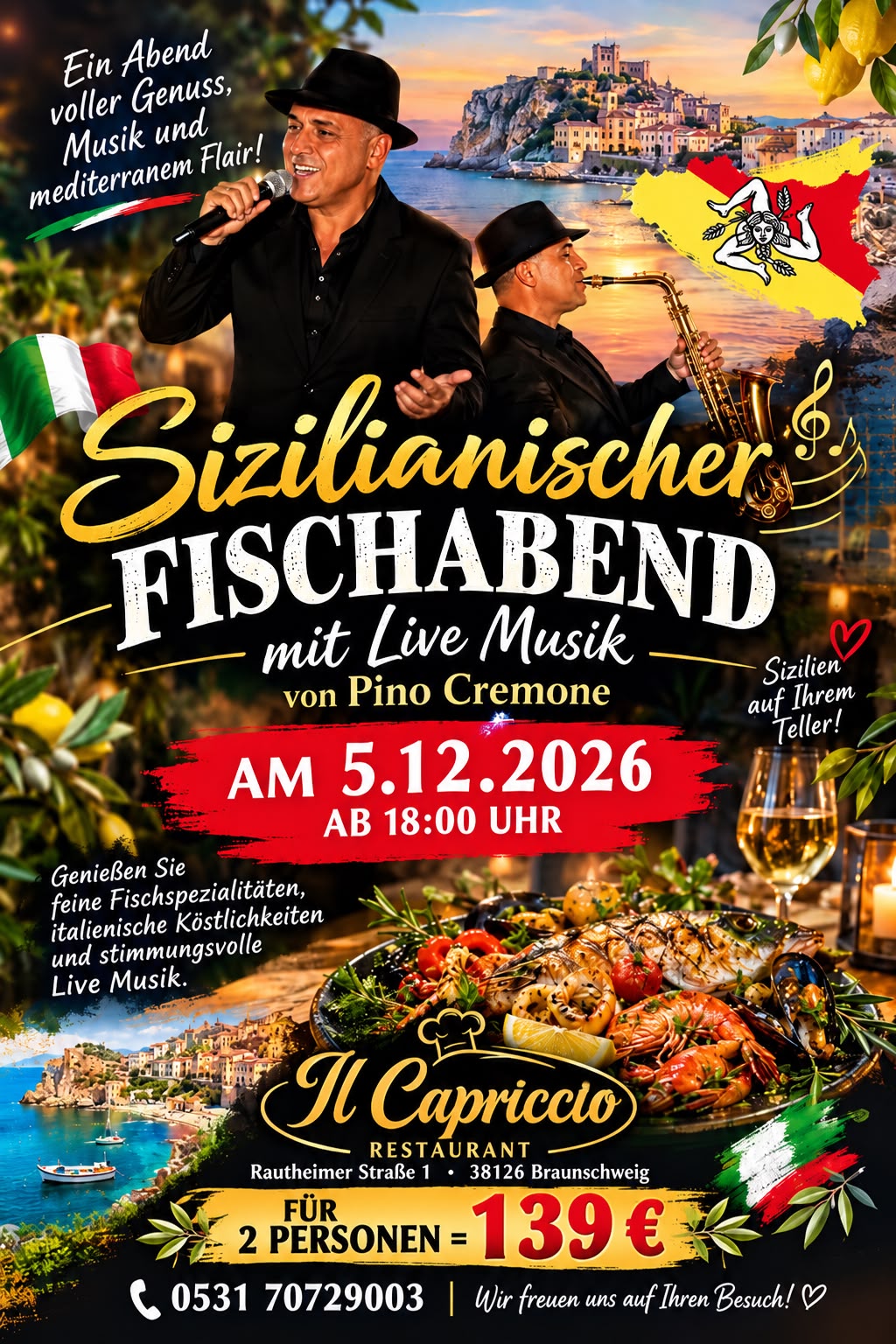 Plakat: 5. Dezember — Sizilianischer Fischabend mit Live Musik von Pino Cremone im il Capriccio