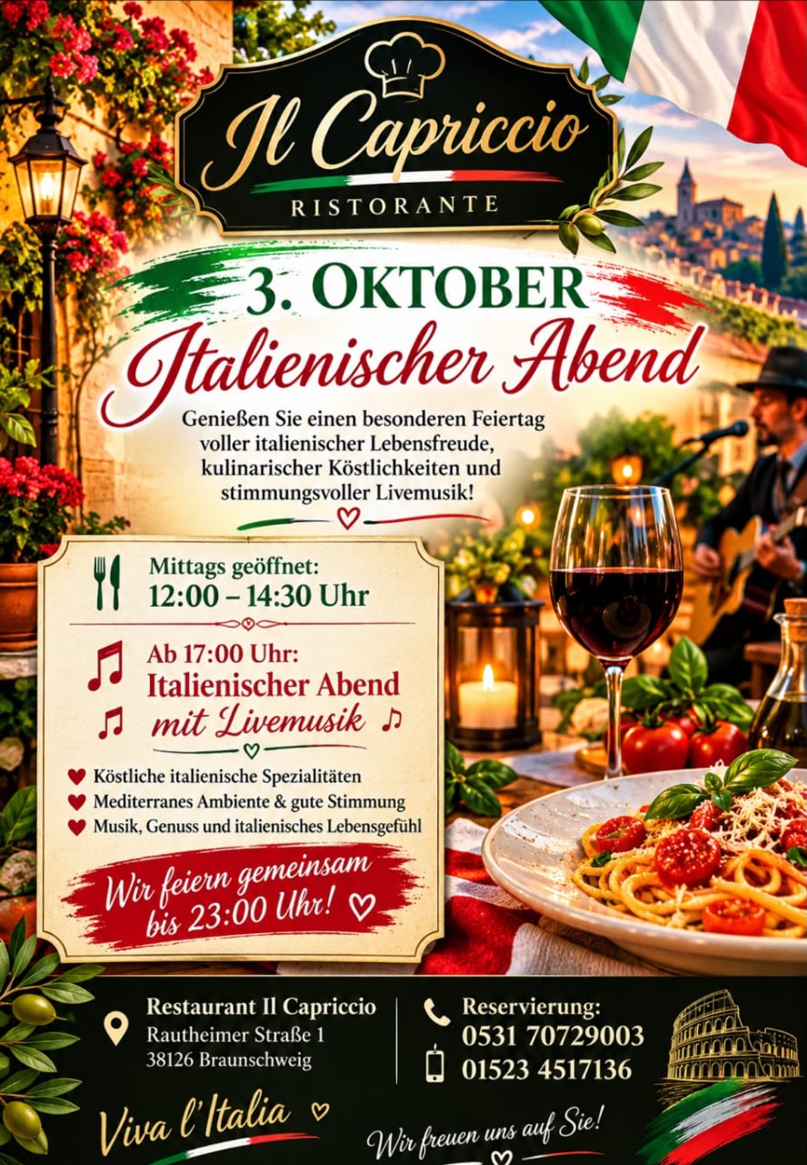 Plakat: 3. Oktober — Italienischer Abend mit Livemusik im il Capriccio